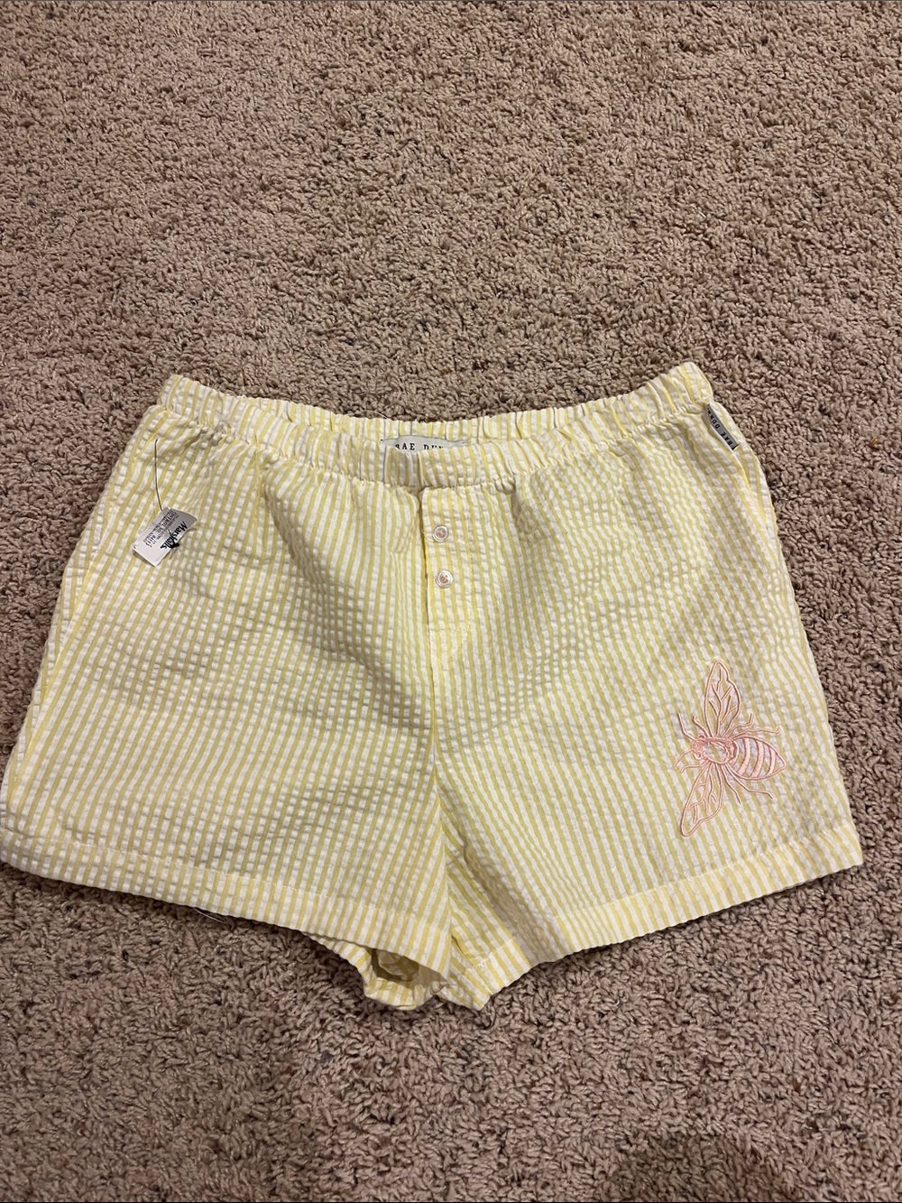 Rae Dunn Yellow Striped Shorts with Pink Embroidery